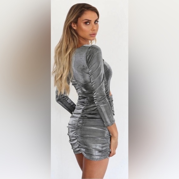 NWT Tiger Mist. Belle Silver Asymmetric Neck Bodycon Mini Dress Waist Cut Out - Picture 10 of 11